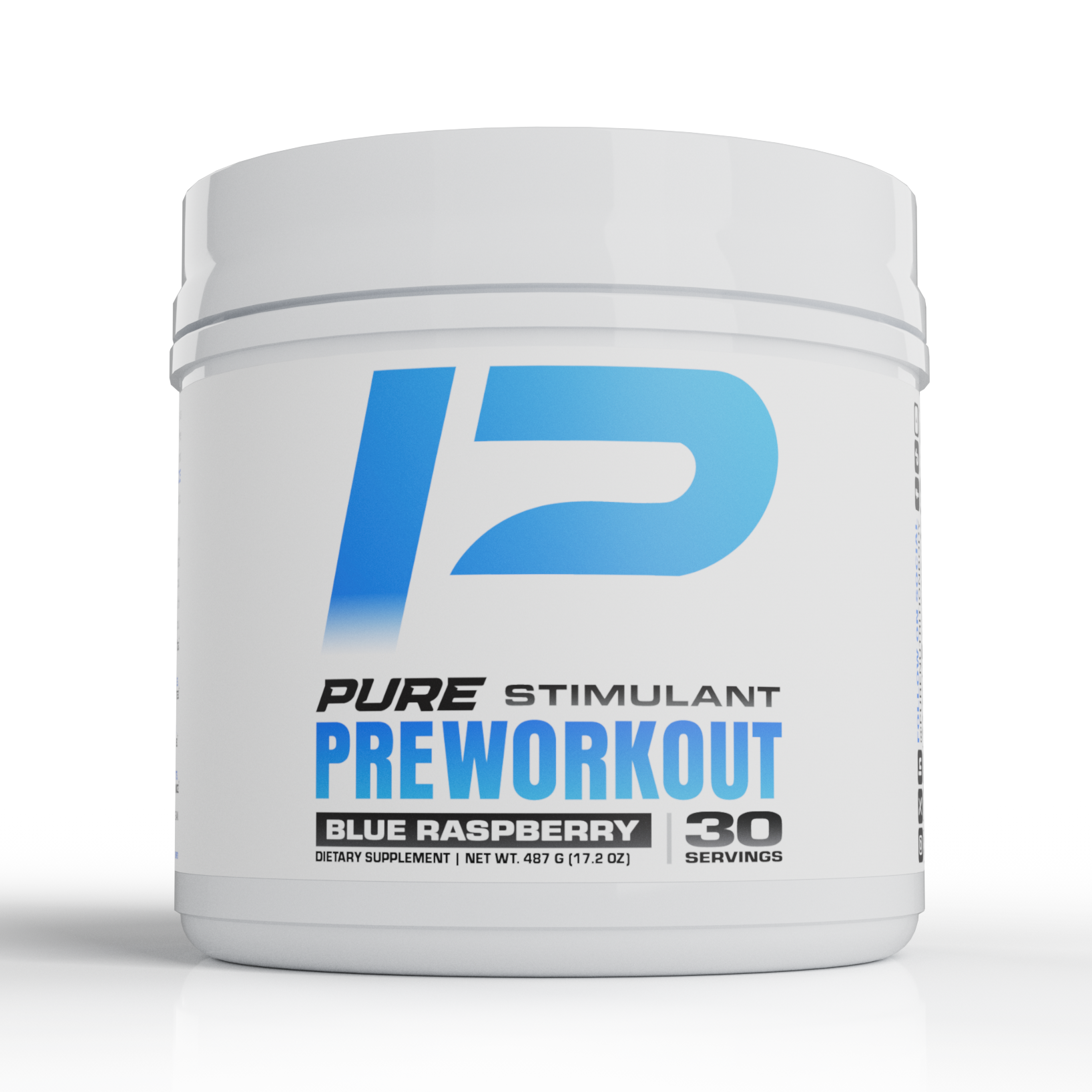 Pre-workout supplement container with blue and white design on a white background