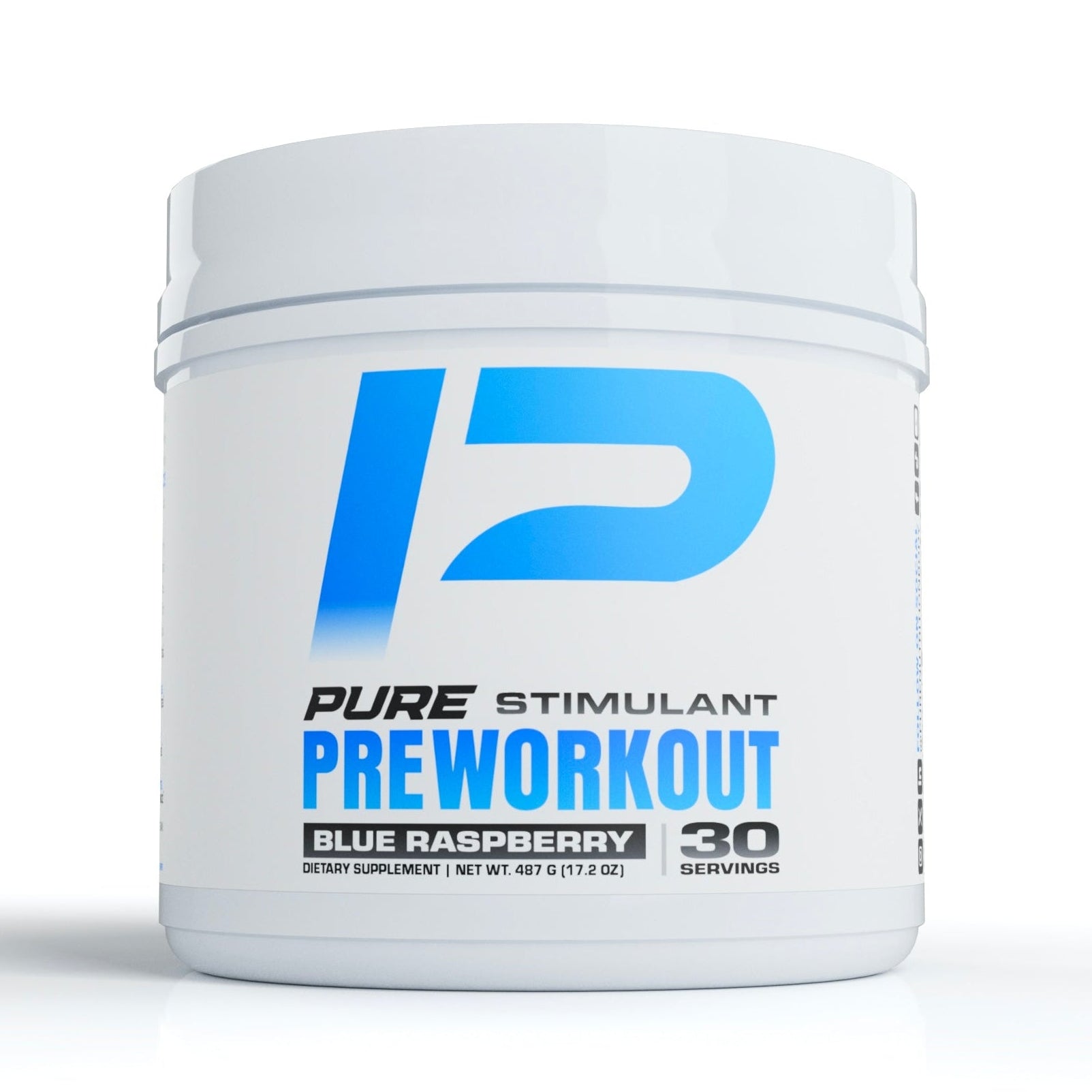 Pre-workout supplement container with blue and white design on a white background